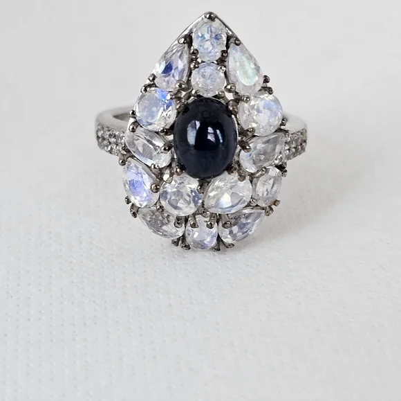 Natural Blue Star Sapphire & Moonstone Ring Platinum Sterling Silver Sz 8! - Picture 3 of 7